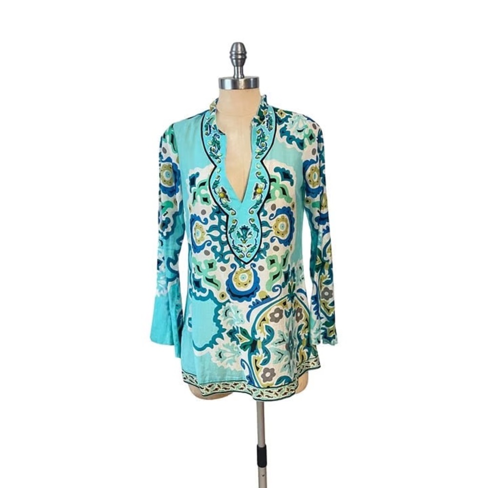 Hale Bob Cabana Swim Cover Up Tunic Blue Green Print Embellished Resort XS